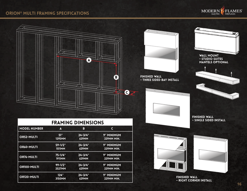 Modern Flames Orion Multi-Sided Linear Electric Fireplace, 52 60" 76" 100" 120", HELIOVISION™ Flame, Wi-Fi Control