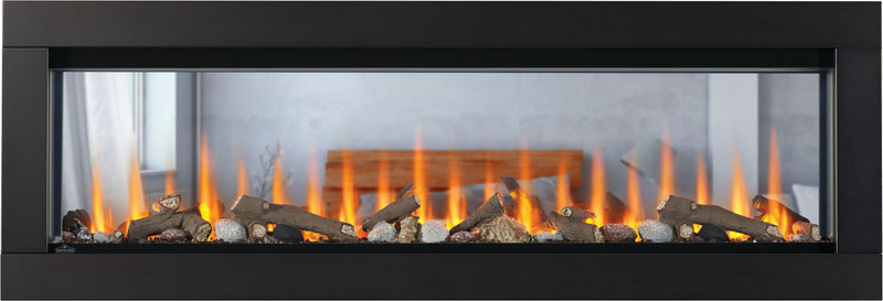 Napoleon CLEARion Elite See-Through Built-In Electric Fireplace, Dual-Zone Heating, Smart Privacy Glass (Clear to Opaque), 10,000 BTU, Orange/Blue Flames, 15 Ember Colors, Logs & Crystal Media Included