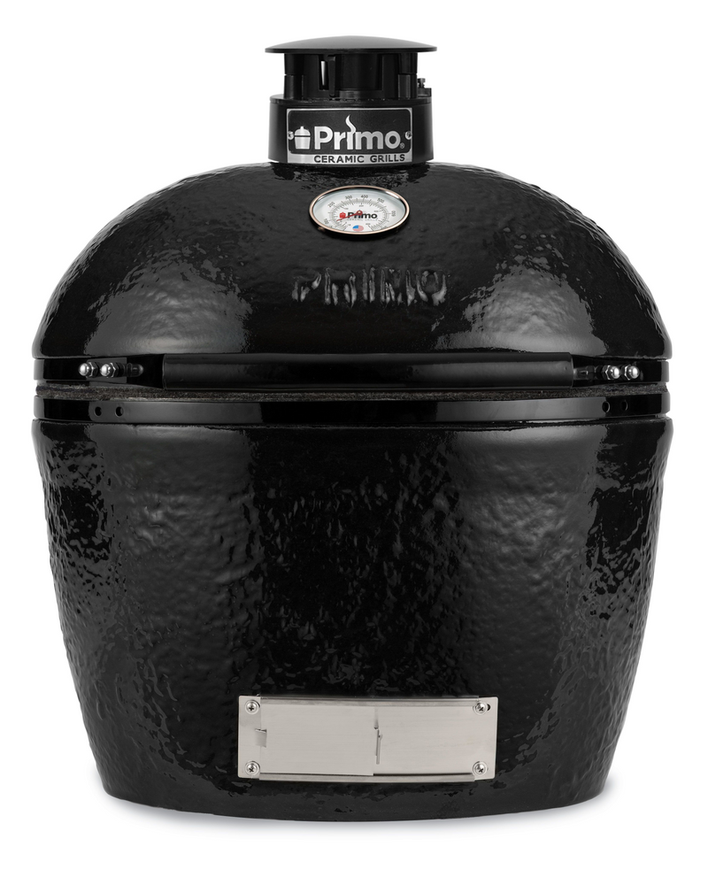 Primo Oval LG 300 All-In-One Kamado Charcoal Grill – Made in USA, 300 sq in Cooking Area, Freestanding Ceramic BBQ with Cradle, Shelves, Tools