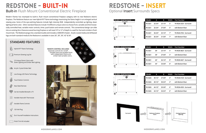 Modern Flames Redstone Series Electric Fireplace – 26", 30", 36", 42", 54" Insert & Built-In, Multi-Color Flames, 5,000 BTU Heater