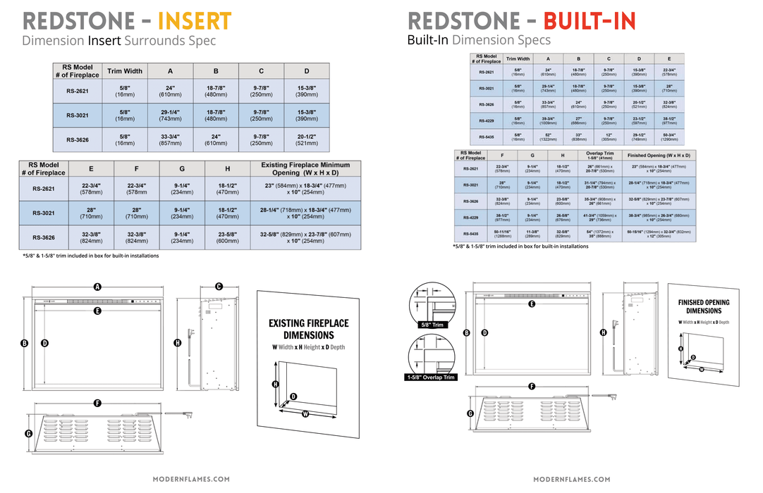 Modern Flames Redstone Traditional 36 inch Electric Fireplace Insert, Remote Included, Warms up to 1500 sq ft, 10 Flame Color Options, Ember Bed and Downlighting Color Control, Easy Installation and Operation, RS-3626