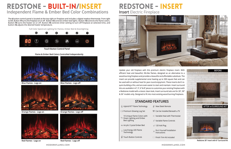 Modern Flames Redstone Series Electric Fireplace – 26", 30", 36", 42", 54" Insert & Built-In, Multi-Color Flames, 5,000 BTU Heater