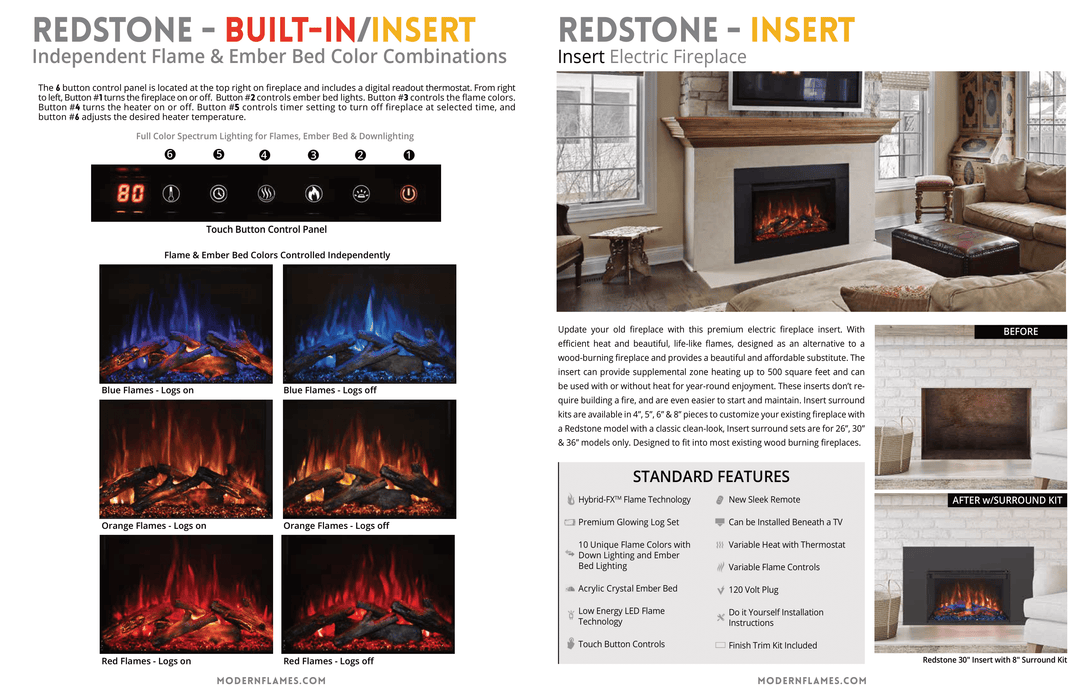 Modern Flames Redstone Traditional 36 inch Electric Fireplace Insert, Remote Included, Warms up to 1500 sq ft, 10 Flame Color Options, Ember Bed and Downlighting Color Control, Easy Installation and Operation, RS-3626