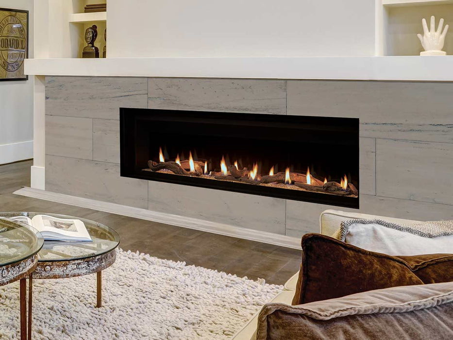 Superior 60 inch Linear Direct Vent Gas Fireplace DRL6060, Natural Gas, Frameless Design, Expansive Viewing Area, Adjustable Flame Modulation, Ceramic Glass, Remote Control Operation, Safety Shut-Off, and Reliable Year-Round Performance