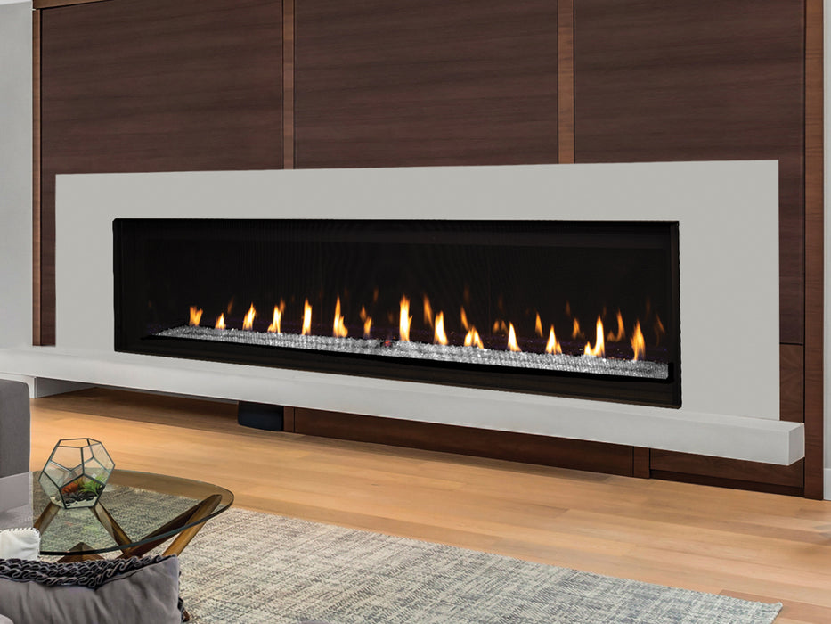 Superior 60 inch Linear Direct Vent Gas Fireplace DRL6060, Natural Gas, Frameless Design, Expansive Viewing Area, Adjustable Flame Modulation, Ceramic Glass, Remote Control Operation, Safety Shut-Off, and Reliable Year-Round Performance