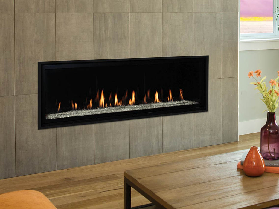 Superior 60 inch Linear Direct Vent Gas Fireplace DRL6060, Natural Gas, Frameless Design, Expansive Viewing Area, Adjustable Flame Modulation, Ceramic Glass, Remote Control Operation, Safety Shut-Off, and Reliable Year-Round Performance