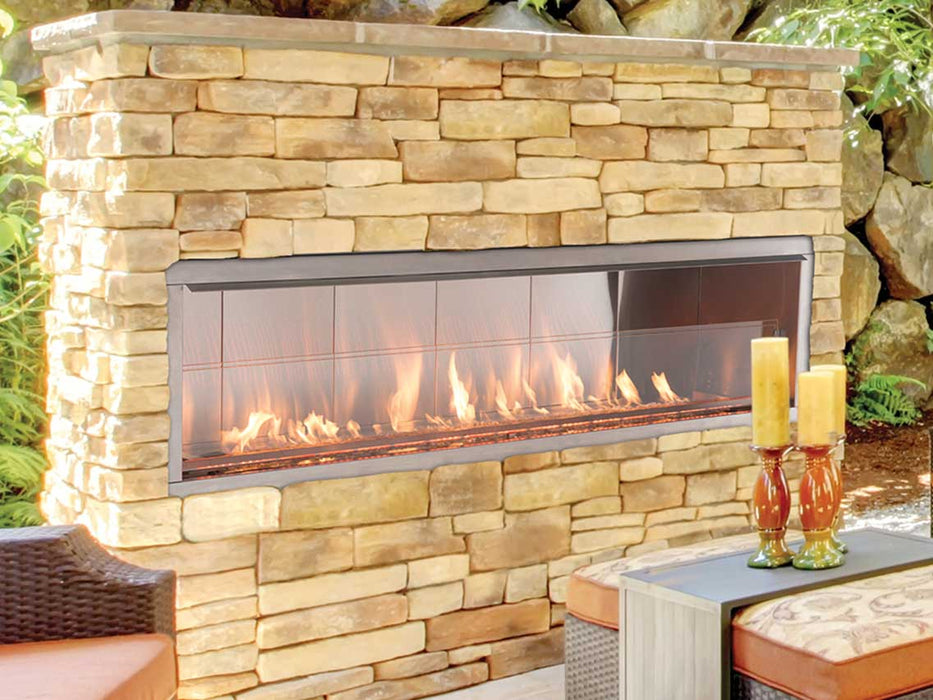 Superior 48-Inch Outdoor Linear Ventless Gas Fireplace, Natural Gas, Expansive Viewing Area, See-Through Design, Barcelona Lights LED Accent System, Customizable Glass Media, Easy Installation, and Year-Round Weather-Resistant Performance VRE4648