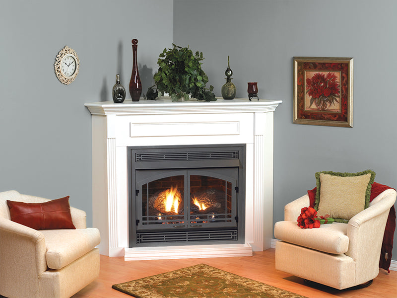 Empire Vail Ventless Gas Fireplace Mantel Combination White 17-inch x 45-inch, All-In-One Package Complete with Gas Logs, Burner, Hood, Outer Frame and Louvers, Easy Installation and Use