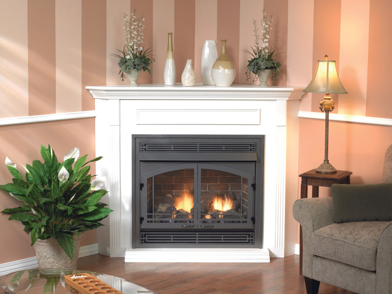 Empire Vail Ventless Gas Fireplace Mantel Combination White 17-inch x 45-inch, All-In-One Package Complete with Gas Logs, Burner, Hood, Outer Frame and Louvers, Easy Installation and Use