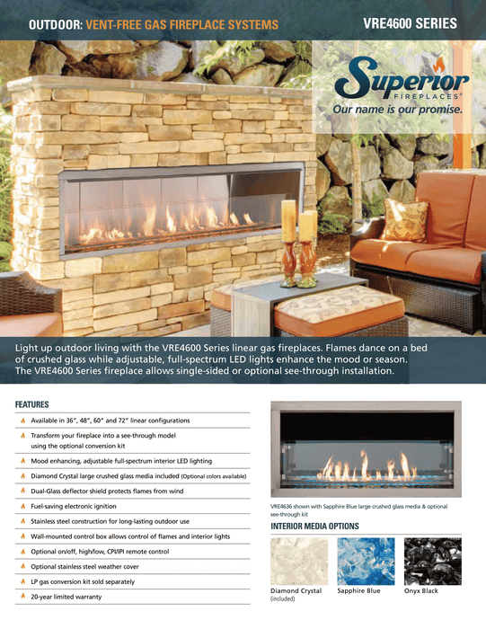 Superior 48-Inch Outdoor Linear Ventless Gas Fireplace, Natural Gas, Expansive Viewing Area, See-Through Design, Barcelona Lights LED Accent System, Customizable Glass Media, Easy Installation, and Year-Round Weather-Resistant Performance VRE4648