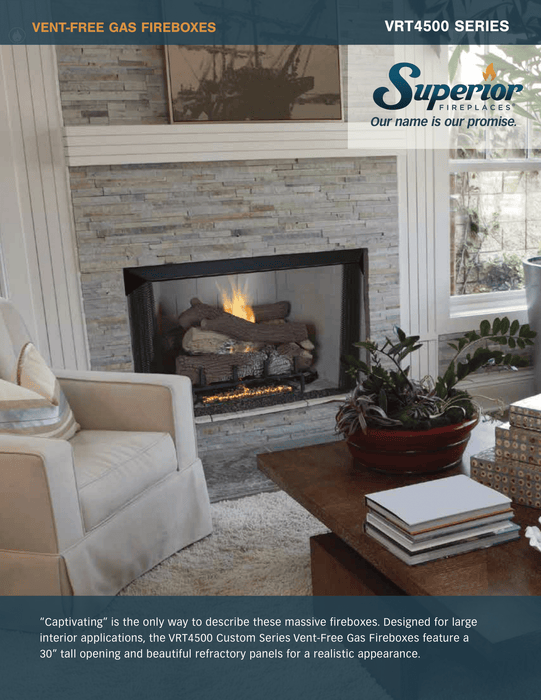 Superior 36 Inch Ventless Gas Fireplace, Clean-Faced, Heat-Circulating Firebox with 30” Tall Opening – Available in Natural Gas or Liquid Propane – Value, Standard, or Luxury Bundle Kits with Remote and Blower Options VRT4536