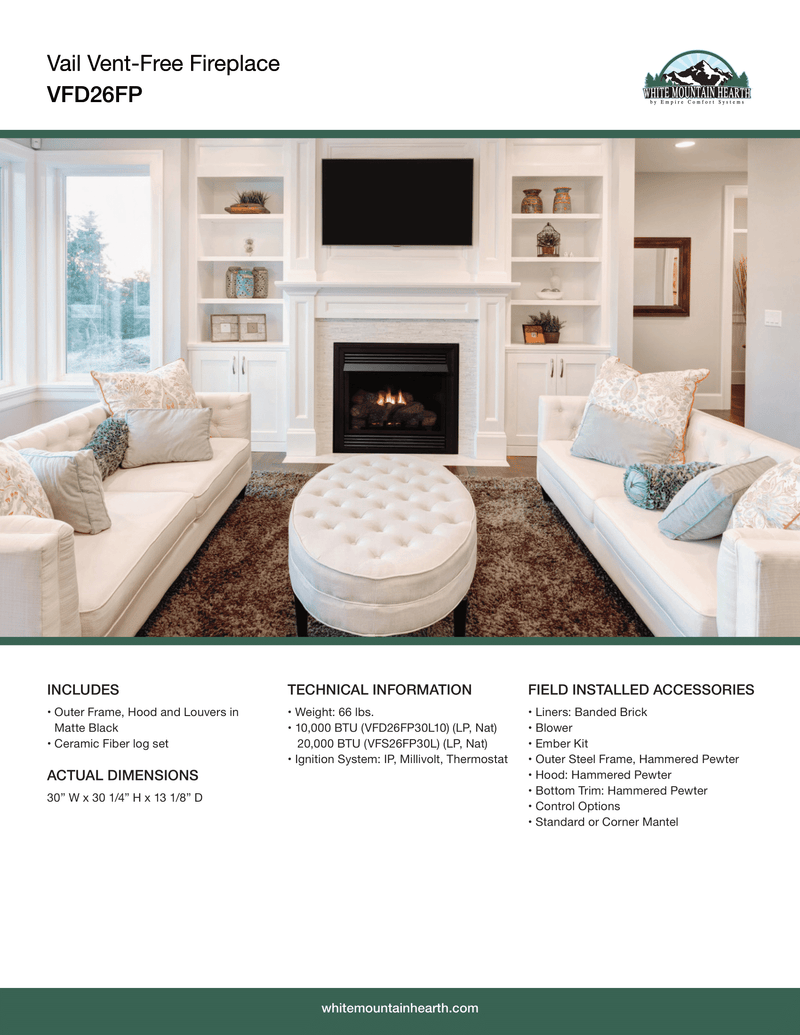 Empire Vail Ventless Gas Fireplace Mantel Combination White 17-inch x 45-inch, All-In-One Package Complete with Gas Logs, Burner, Hood, Outer Frame and Louvers, Easy Installation and Use