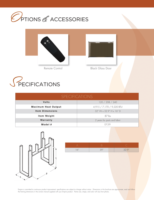 Empire 39-inch Electric Fireplace Nexfire, Traditional Design, Glowing Logs, Brick Liner, Mesh Pull Screen EF39