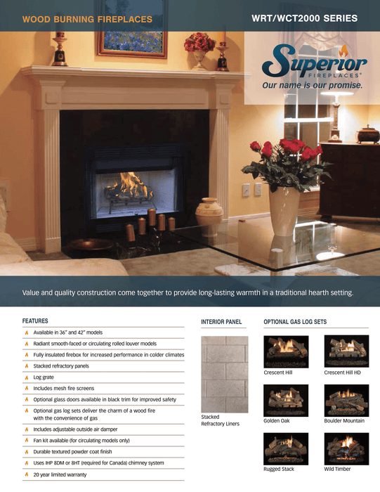 Superior 36 inch Wood Burning Fireplace Insert, WRT2036, WCT2036, Mesh Fire Screen, Adjustable Outside Air Damper