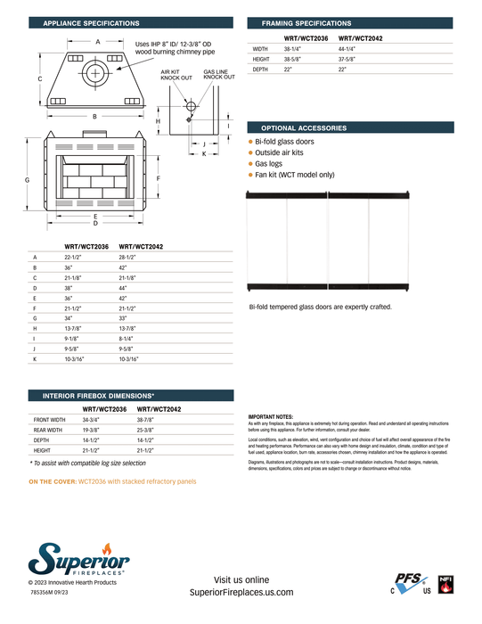 Superior 36 inch Wood Burning Fireplace Insert, WRT2036, WCT2036, Mesh Fire Screen, Adjustable Outside Air Damper