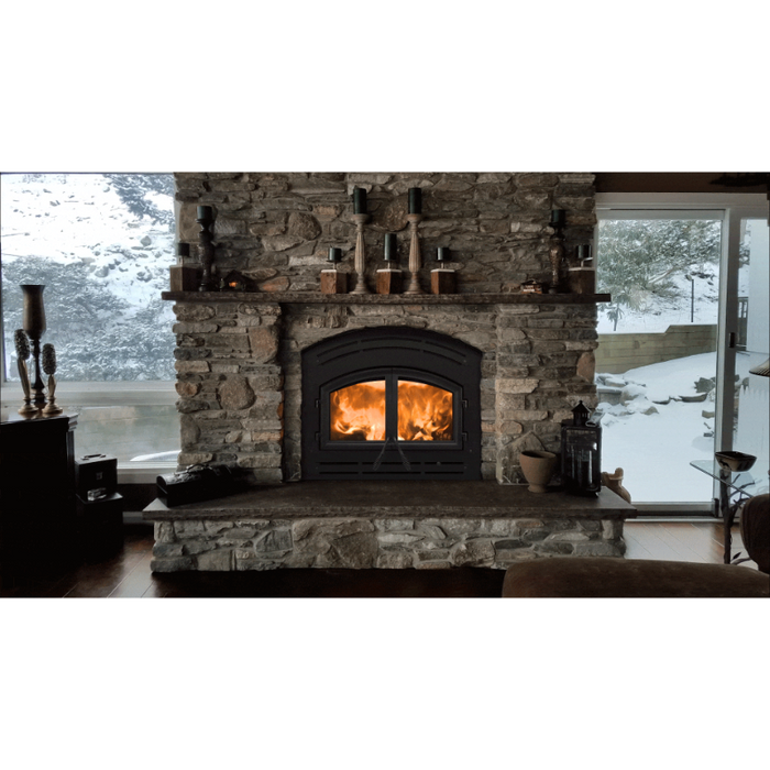 Majestic WarmMajic-II Wood Fireplace Insert, 37-inch Wide Viewing Area, Ceramic Glass, Duel Fans, Arched Steel Face, Outside Air Hood, Lined with Firebrick