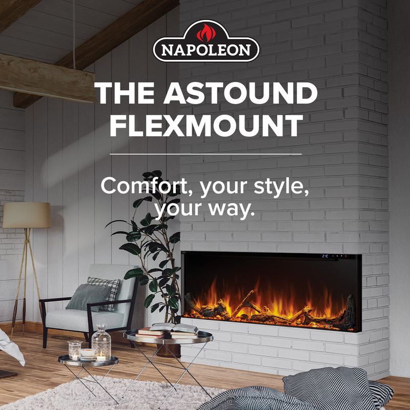 Napoleon Astound FlexMount 50" Electric Fireplace – Wall Mounted, Partial or Full Recess Install, 1/2/3-Sided Viewing Configuration, Spark Flame Visuals, Smart App & Voice Control, 10,000 BTU Heat, Beach Fire Logs & Woodland Kit Included
