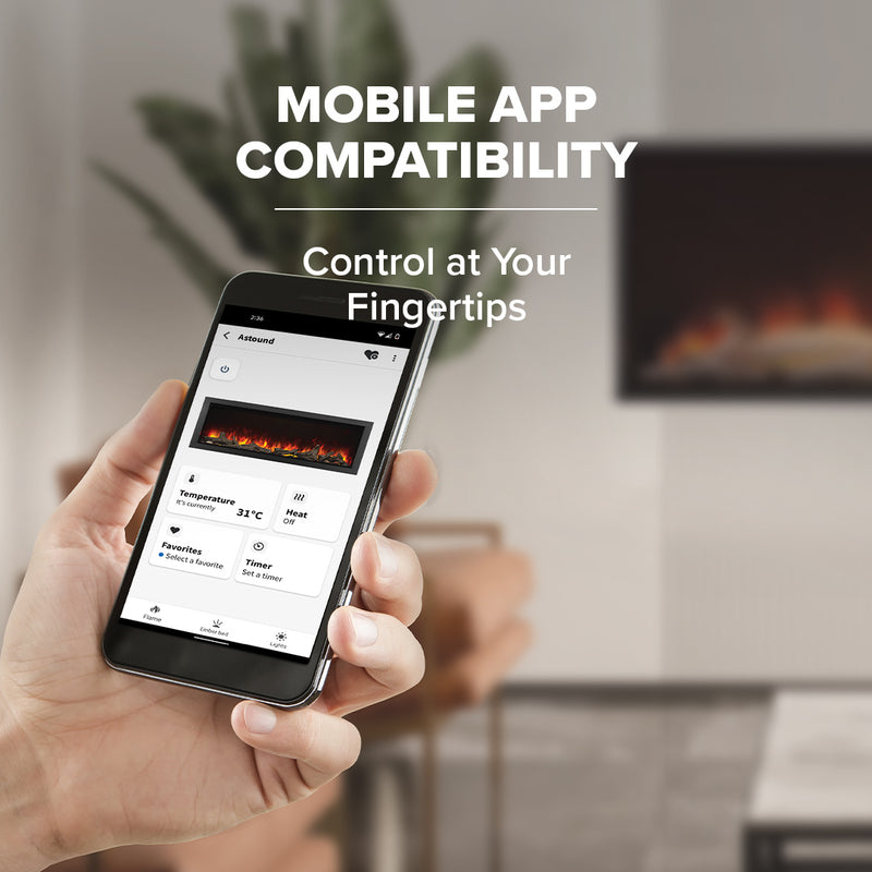 Napoleon Astound FlexMount 50" Electric Fireplace – Wall Mounted, Partial or Full Recess Install, 1/2/3-Sided Viewing Configuration, Spark Flame Visuals, Smart App & Voice Control, 10,000 BTU Heat, Beach Fire Logs & Woodland Kit Included