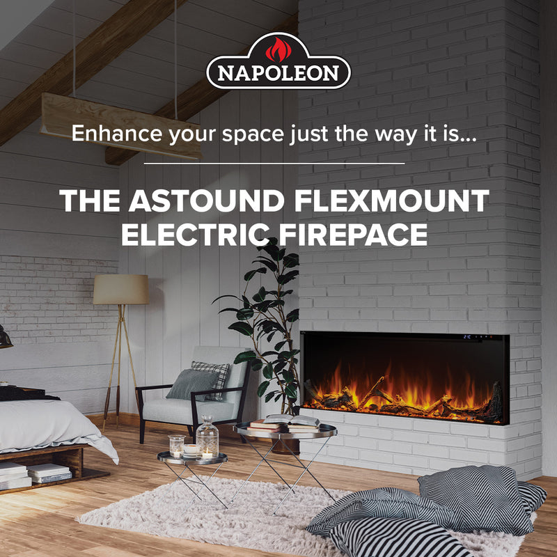 Napoleon Astound FlexMount 50" Electric Fireplace – Wall Mounted, Partial or Full Recess Install, 1/2/3-Sided Viewing Configuration, Spark Flame Visuals, Smart App & Voice Control, 10,000 BTU Heat, Beach Fire Logs & Woodland Kit Included