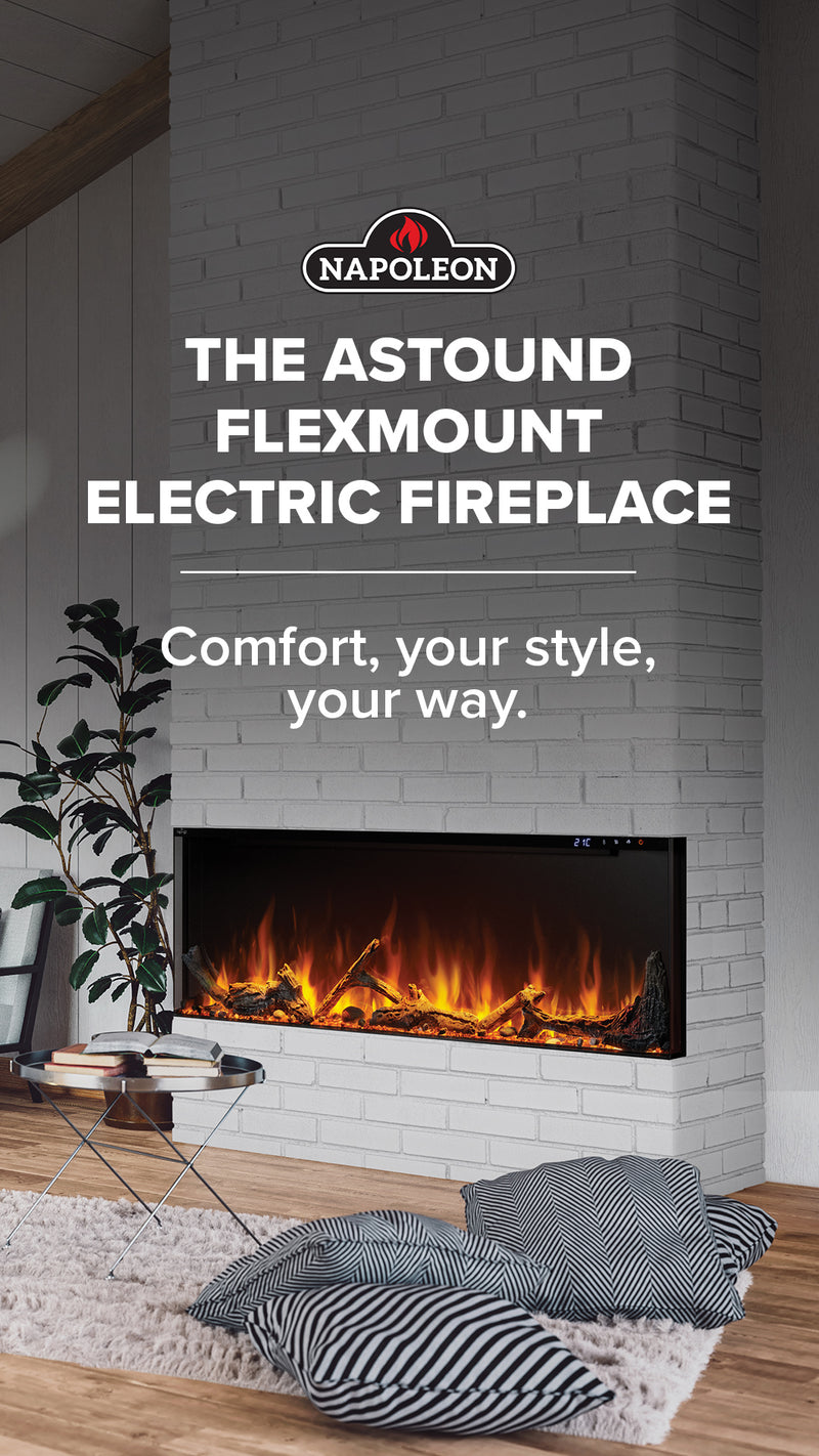 Napoleon Astound FlexMount 50" Electric Fireplace – Wall Mounted, Partial or Full Recess Install, 1/2/3-Sided Viewing Configuration, Spark Flame Visuals, Smart App & Voice Control, 10,000 BTU Heat, Beach Fire Logs & Woodland Kit Included