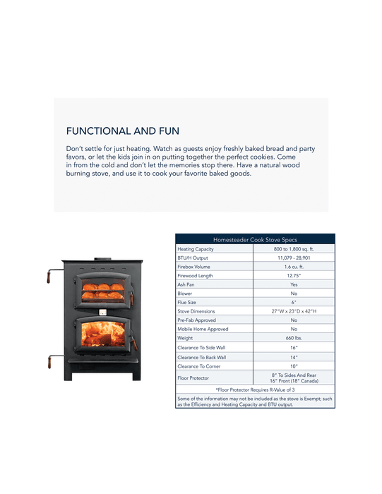 Buck Stove Homesteader Wood Burning Cook Stove,  Off-Grid Living, No Electricity Required, Warms up to 1800 sq ft, Dual Heat and Cooking Function, Ash Pan Included