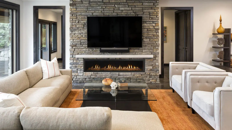 Heat & Glo Mezzo Direct Vent Linear Gas Fireplace – Custom Front Options, IntelliFire Touch, LED Glass Bed & Black Reflective Interior