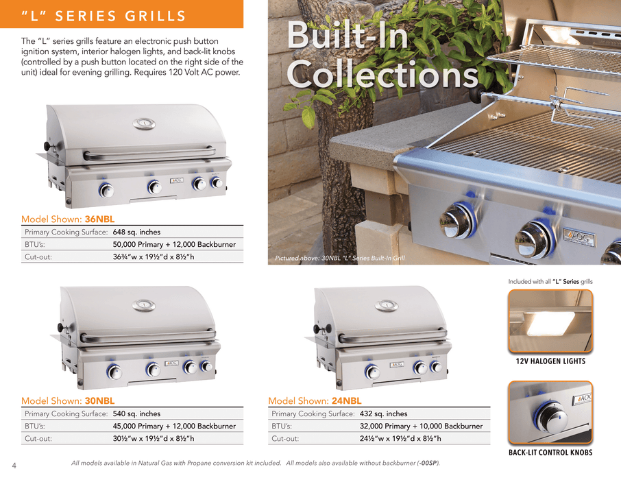 American Outdoor Grill L-Series 30-Inch Built-In Natural Gas Grill, 3 Burners, Rotisserie Backburner, Heavy-Duty Stainless Steel, Electric Ignition with LED Lighting, Includes Propane Conversion Kit - 30NBL