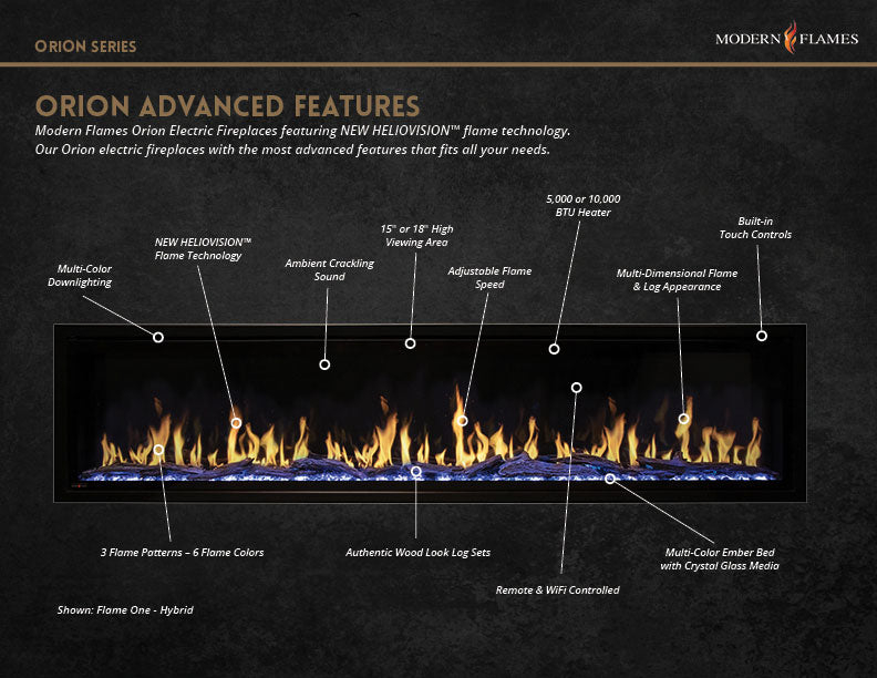 Modern Flames Orion Multi-Sided Linear Electric Fireplace, 52 60" 76" 100" 120", HELIOVISION™ Flame, Wi-Fi Control