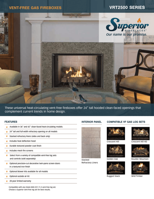 Superior 42 Inch Ventless Gas Fireplace, Clean-Faced, Heat-Circulating Firebox with 24” Tall Opening – Available in Natural Gas or Liquid Propane – Value, Standard, or Luxury Bundle Kits with Remote and Blower Options VRT2542