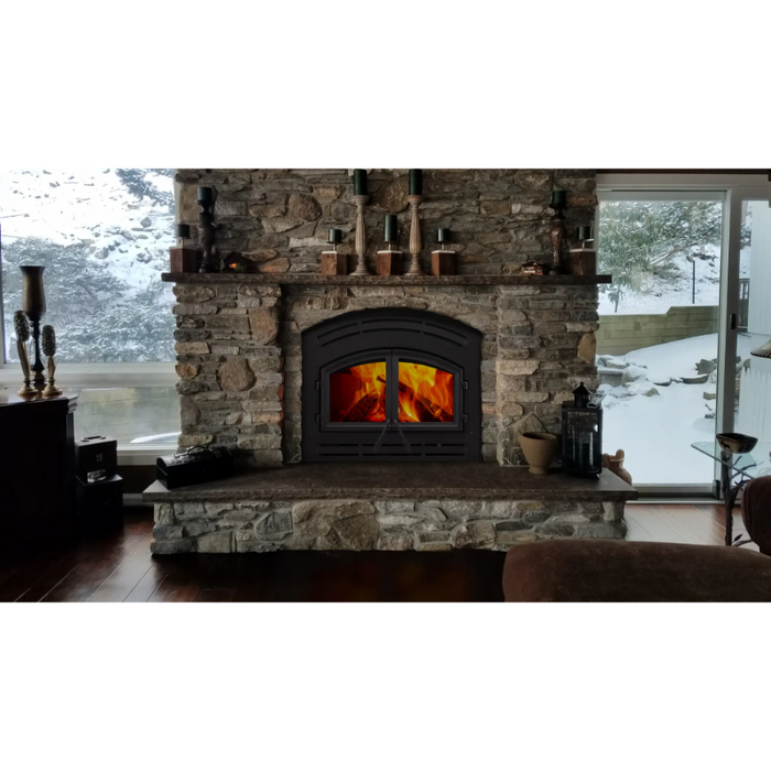 Majestic WarmMajic-II Wood Fireplace Insert, 37-inch Wide Viewing Area, Ceramic Glass, Duel Fans, Arched Steel Face, Outside Air Hood, Lined with Firebrick