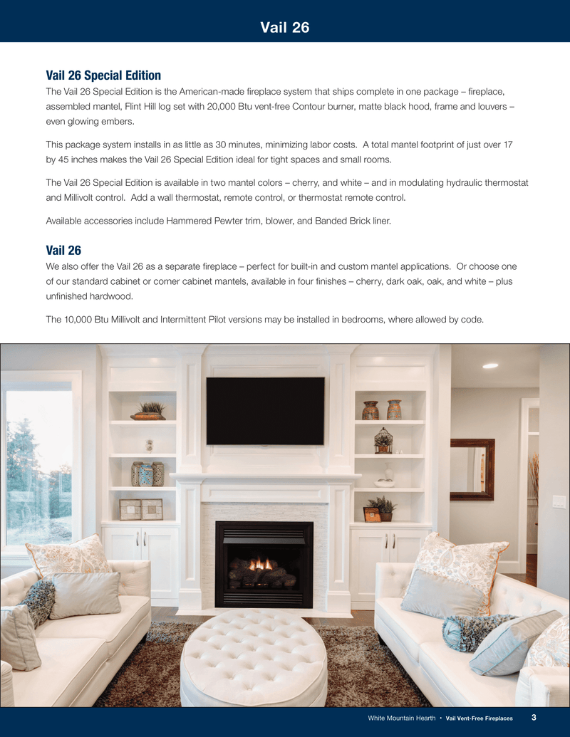 Empire Vail Ventless Gas Fireplace Mantel Combination White 17-inch x 45-inch, All-In-One Package Complete with Gas Logs, Burner, Hood, Outer Frame and Louvers, Easy Installation and Use