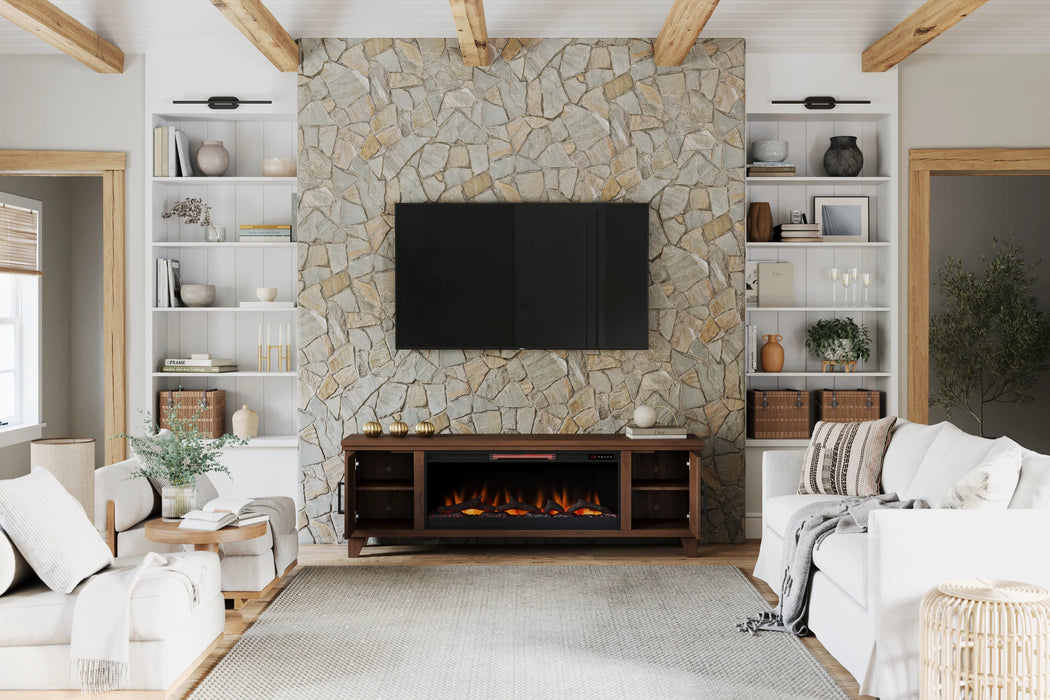 Realcozy 78-inch Sonoma Fireplace TV Stand, Handcrafted in USA, Real Wood, Fits TVs up to 90", Built-In Infrared Heater, Flame Customization, Minimal Assembly