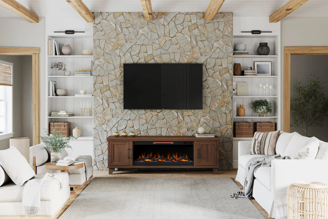 Realcozy 78-inch Sonoma Fireplace TV Stand, Handcrafted in USA, Real Wood, Fits TVs up to 90", Built-In Infrared Heater, Flame Customization, Minimal Assembly