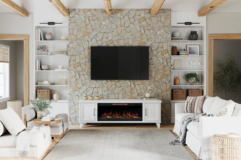 Realcozy 78-inch Sonoma Fireplace TV Stand, Handcrafted in USA, Real Wood, Fits TVs up to 90", Built-In Infrared Heater, Flame Customization, Minimal Assembly