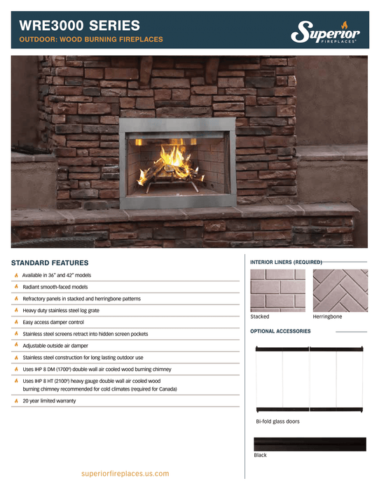 Superior 36 inch Outdoor Wood Burning Fireplace Insert, Heavy-Duty Stainless Steel Log Grate, Screen and Surround, Long-Term Outdoor Use WRE3036